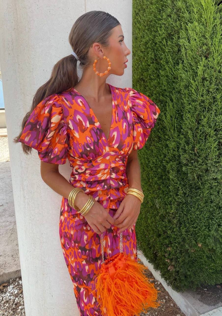 Sydney | Women's Summer Floral Puff Sleeve Midi Dress Orange