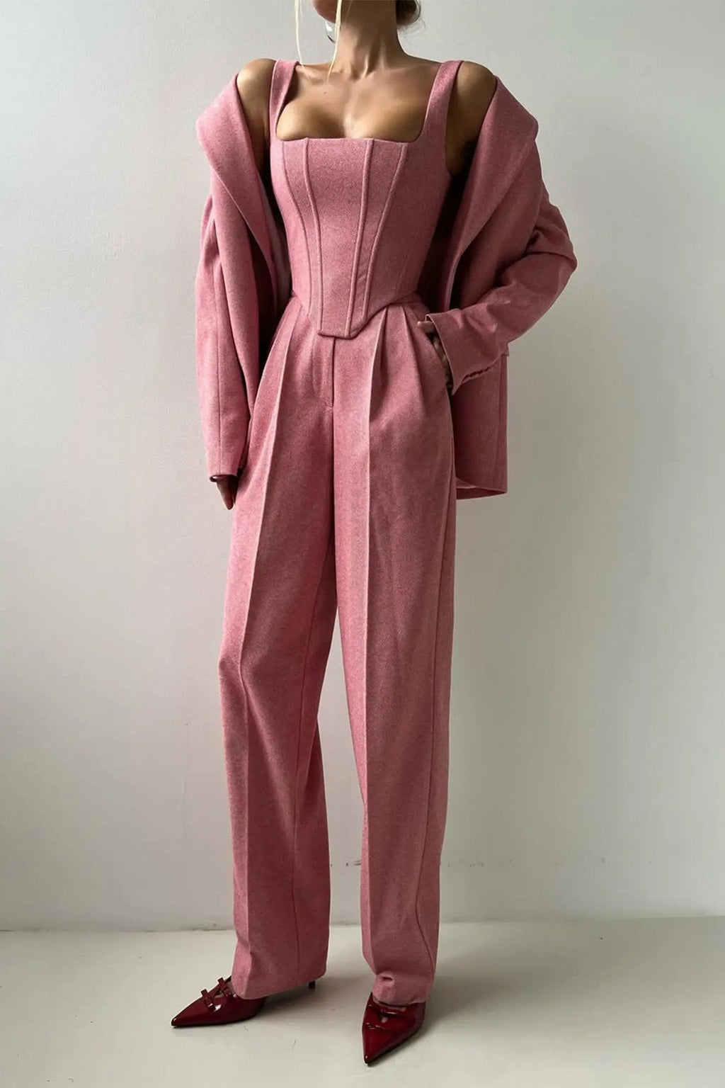 Women's Elegant Three-Piece Tailored Pant Suit Set Pink