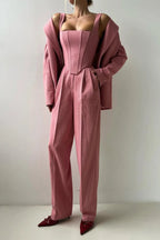 Women's Elegant Three-Piece Tailored Pant Suit Set Pink