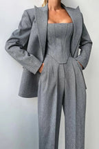 Women's Elegant Three-Piece Tailored Pant Suit Set Gray