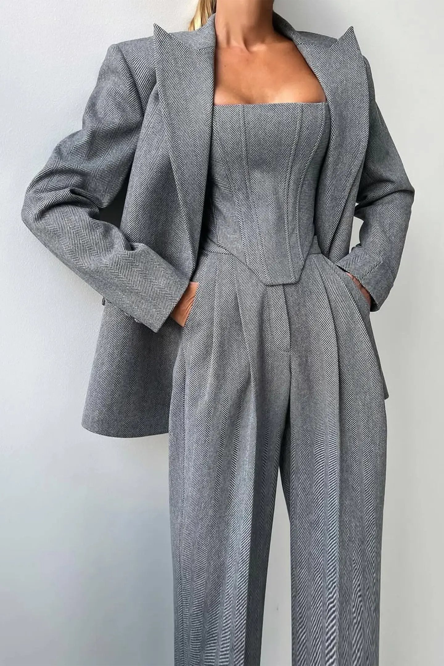 Women's Elegant Three-Piece Tailored Pant Suit Set Gray