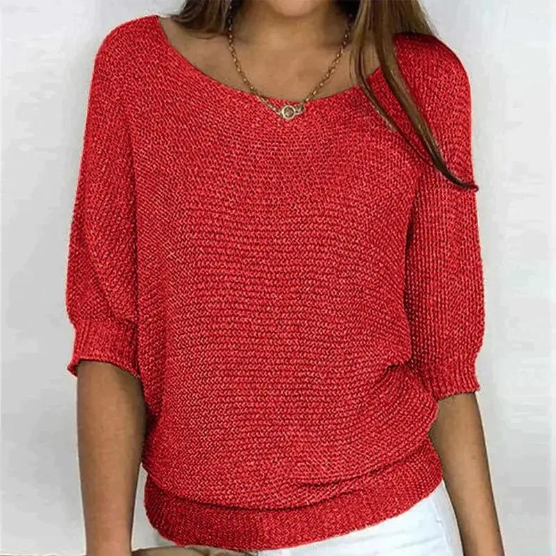 Women's Cozy Textured Knit Pullover Sweater – Effortlessly Stylish Red