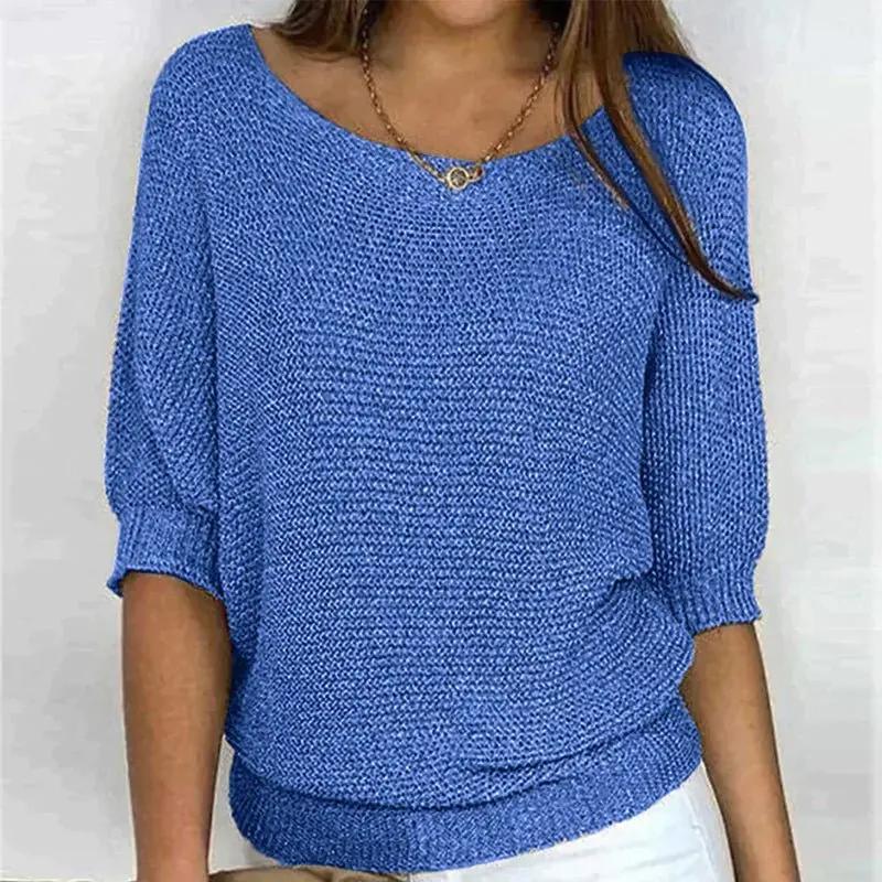 Women's Cozy Textured Knit Pullover Sweater – Effortlessly Stylish Blue