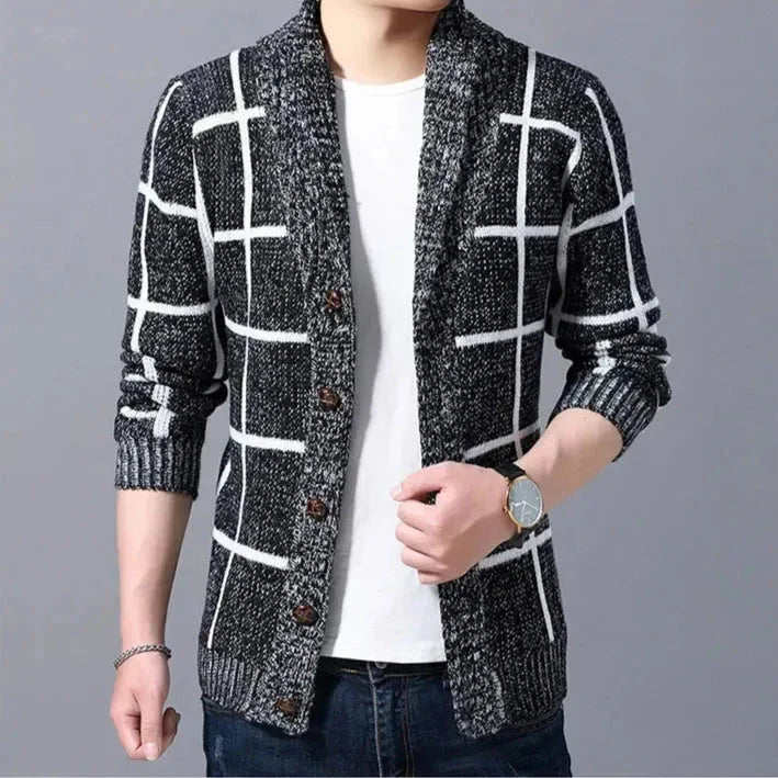 Plaid Shawl Collar Cardigan Black