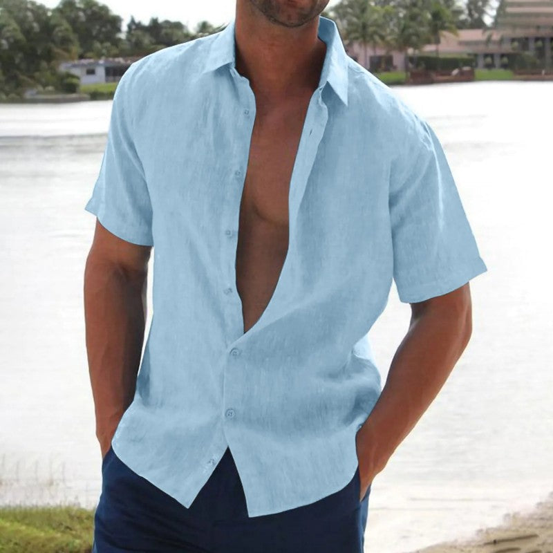 Men's Lightweight Short Sleeve Linen Shirt Blue