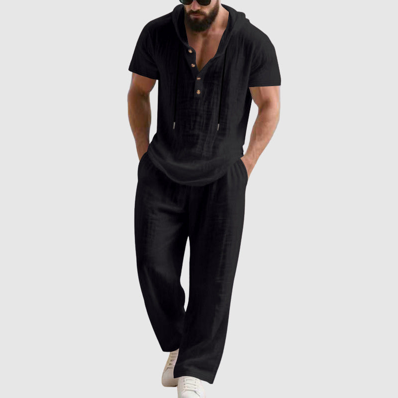 Travis | Men's Hooded Linen-Blend Henley Set-MODAUTLET