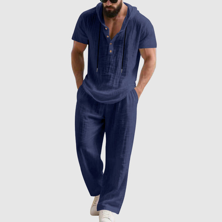 Travis | Men's Hooded Linen-Blend Henley Set-MODAUTLET