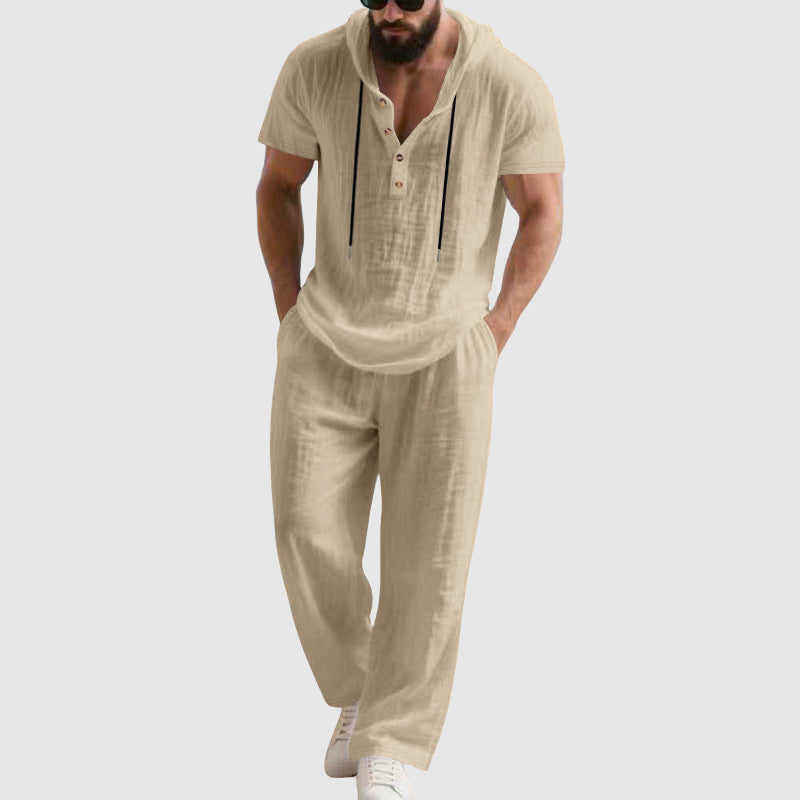 Travis | Men's Hooded Linen-Blend Henley Set-MODAUTLET