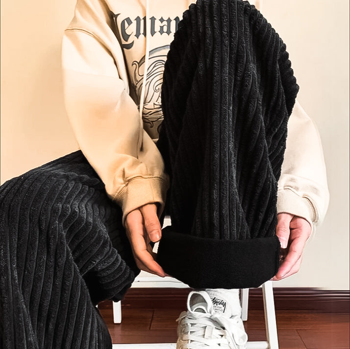 Men's Relaxed Fit Vintage Corduroy Sweatpants with Drawstring Black