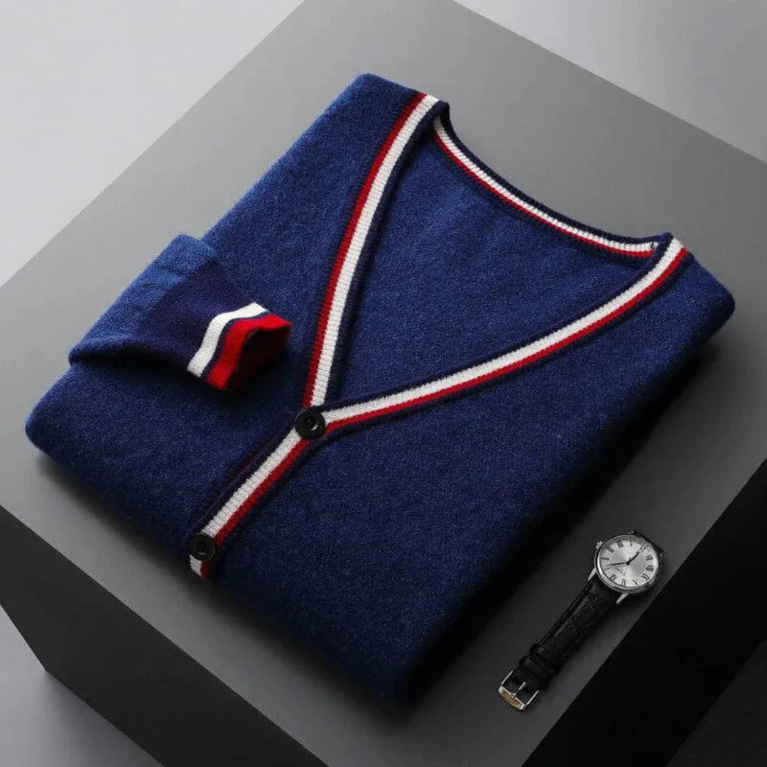 V-Neck Stripe Knit Cardigan Deep Blue