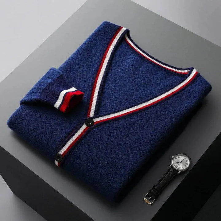 V-Neck Stripe Knit Cardigan Deep Blue