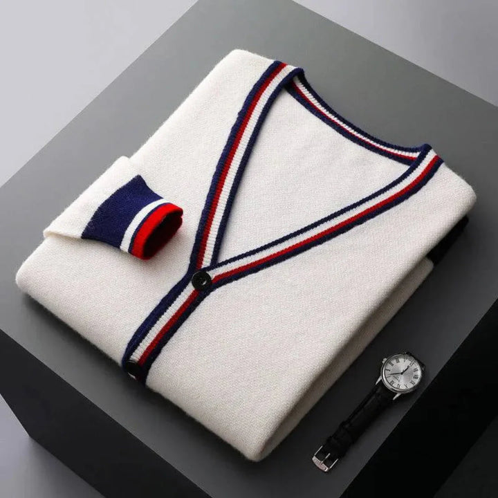 V-Neck Stripe Knit Cardigan Cream White