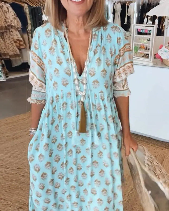 Women's V-Neck Half-Sleeve Dress – Bold Print & Comfortable Fit-MODAUTLET