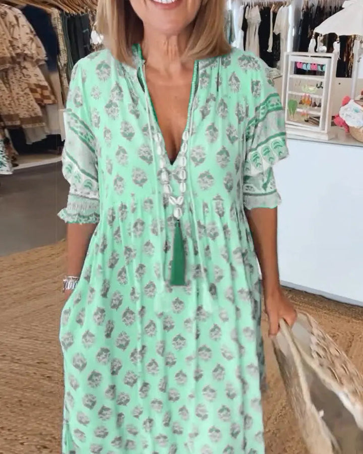 Women's V-Neck Half-Sleeve Dress – Bold Print & Comfortable Fit-MODAUTLET