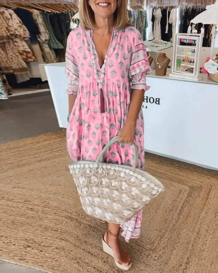 Women's V-Neck Half-Sleeve Dress – Bold Print & Comfortable Fit-MODAUTLET