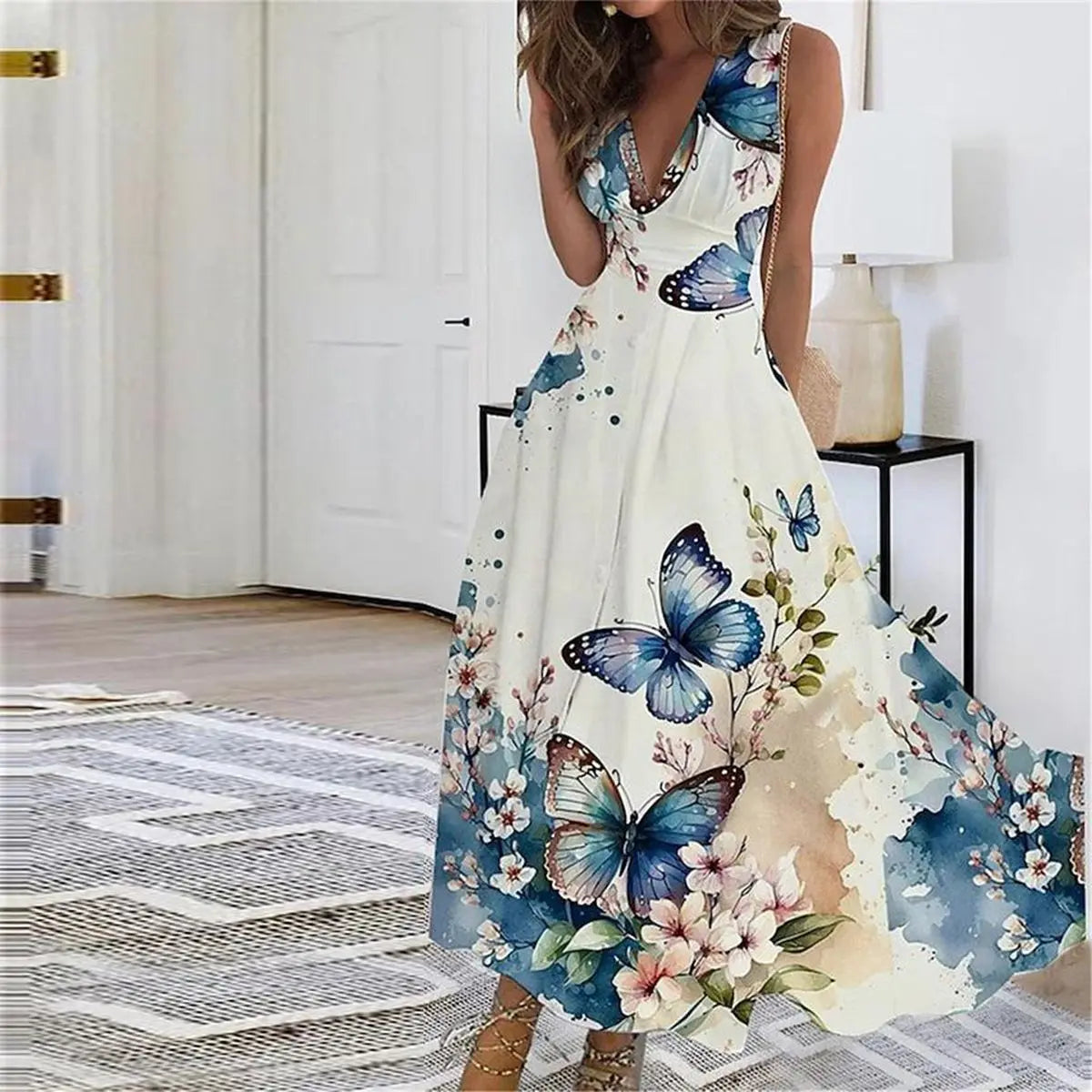 Women's Elegant V-Neck Midi Dress – Versatile Summer Fashion Blue Butterfly