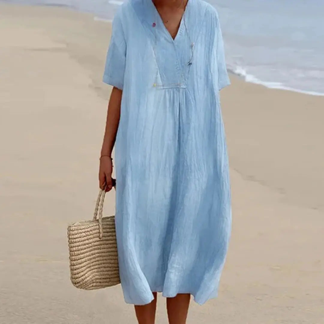 Women's V-Neck Summer Dress – Chic & Easy to Wear Blue