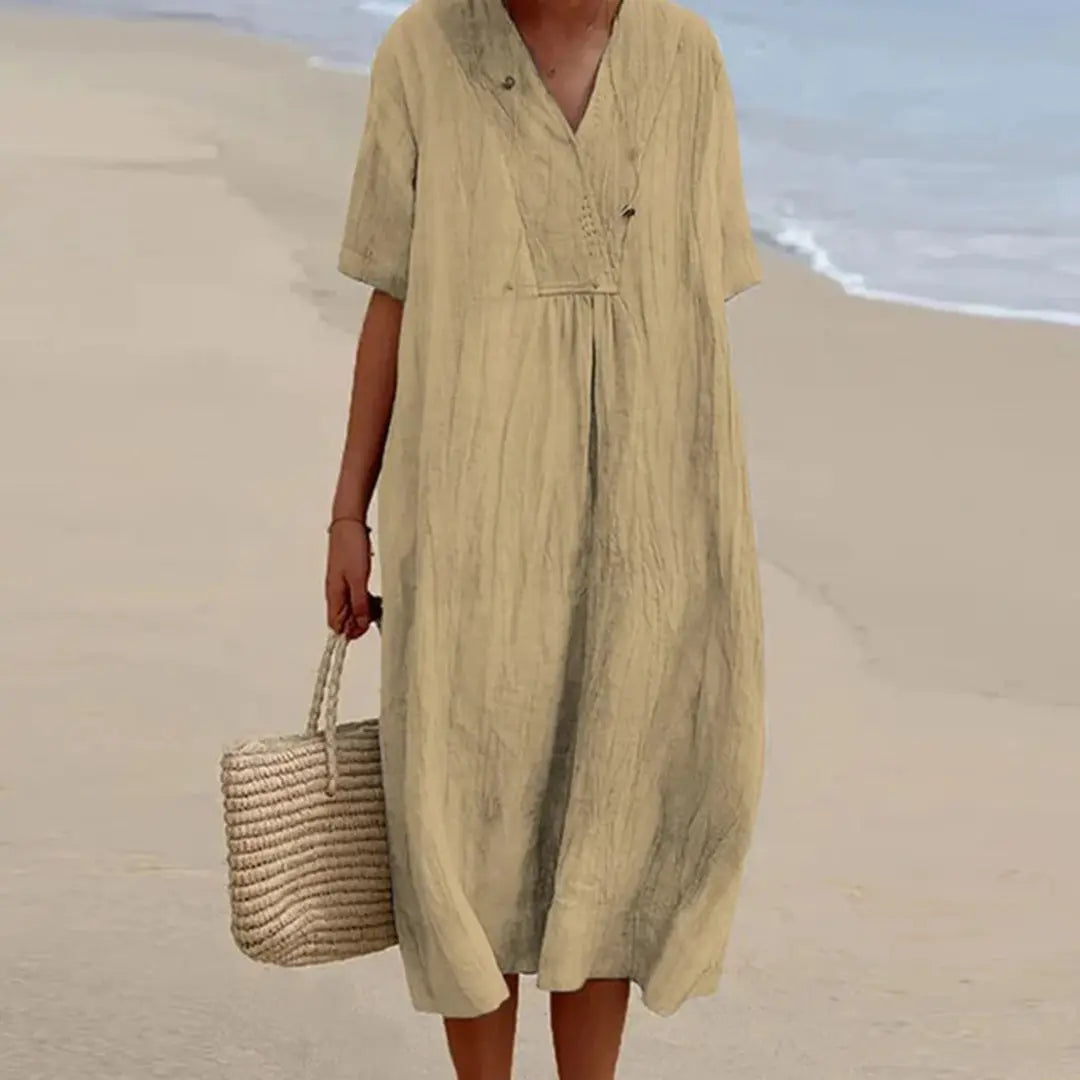 Women's V-Neck Summer Dress – Chic & Easy to Wear Khaki