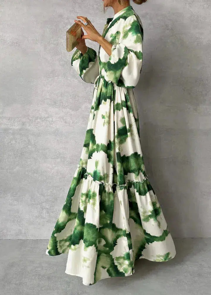 Women's Elegant White V-Neck Maxi Dress – Flowing Design Green