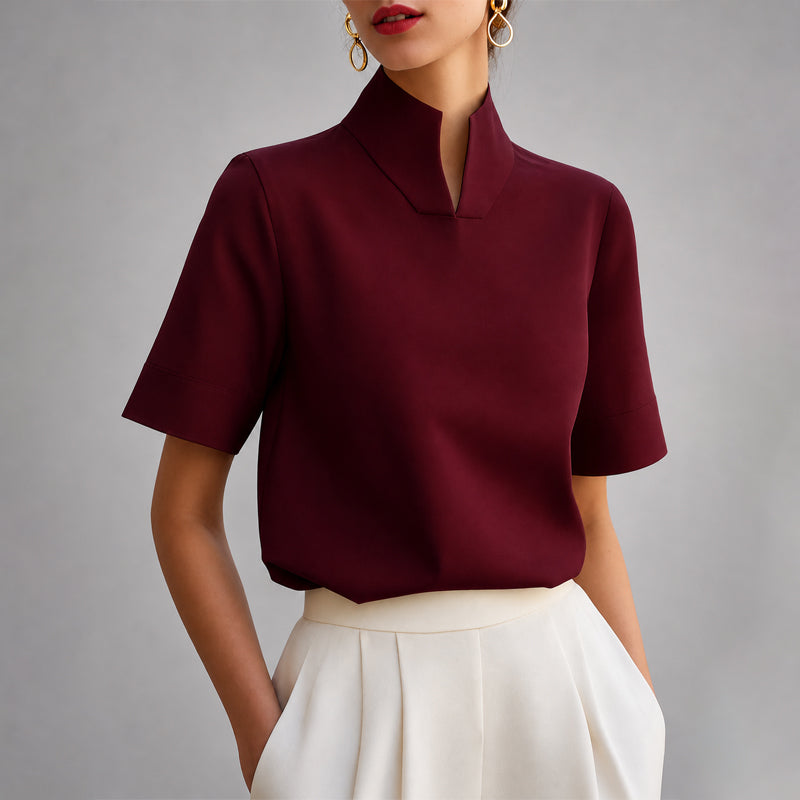 Valerie | Women's Structured V-Cut Mock Neck Top-MODAUTLET