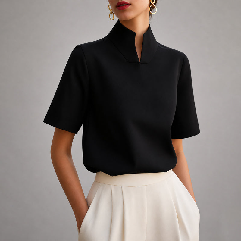 Valerie | Women's Structured V-Cut Mock Neck Top-MODAUTLET