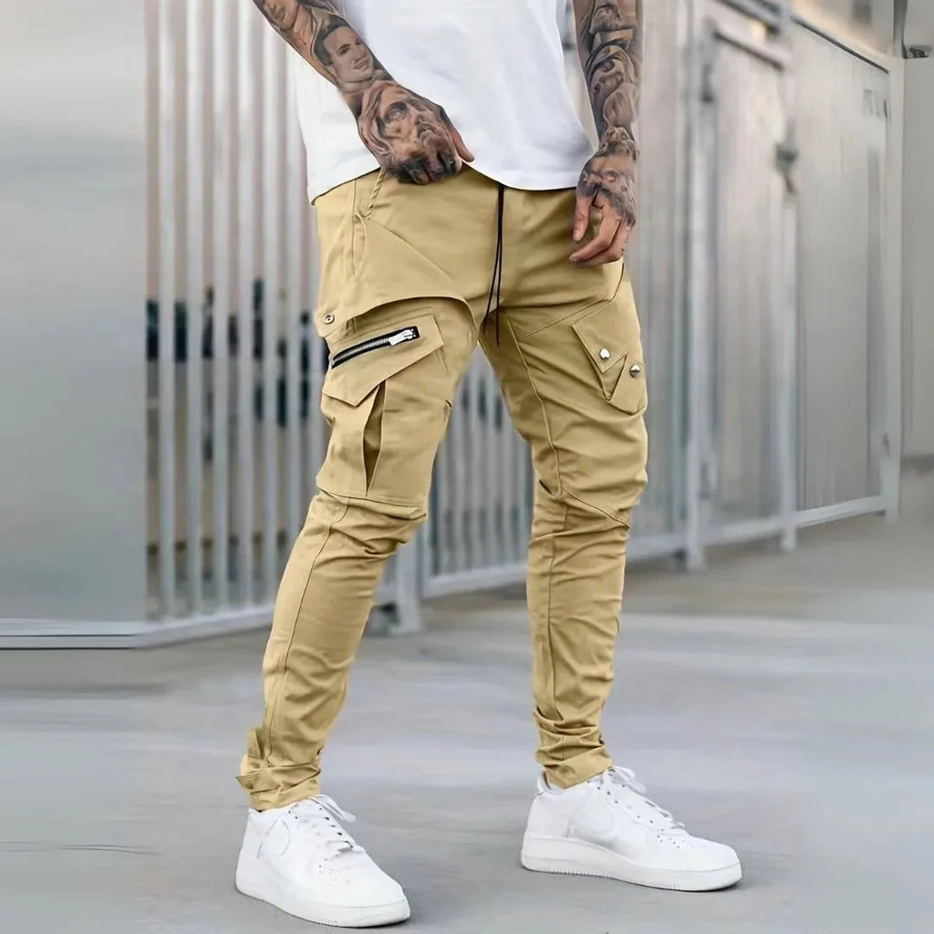 Skinny Zip Cargo Pants for Men Khaki