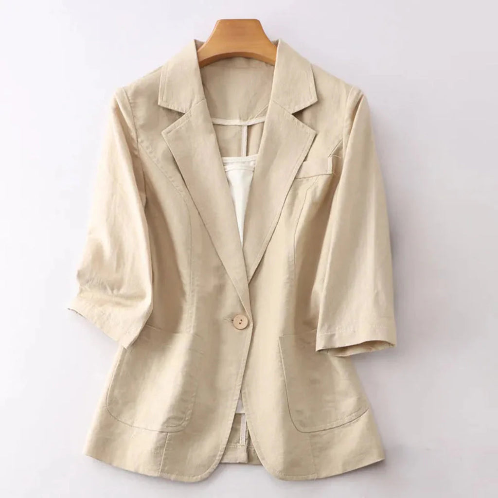 3/4 Sleeve Linen Blazer for Women Beige