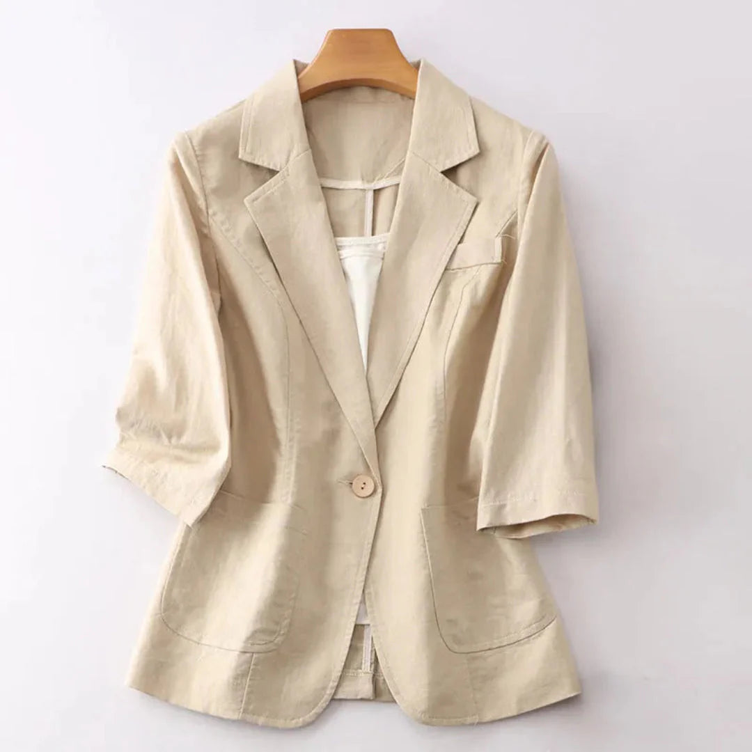 3/4 Sleeve Linen Blazer for Women Beige