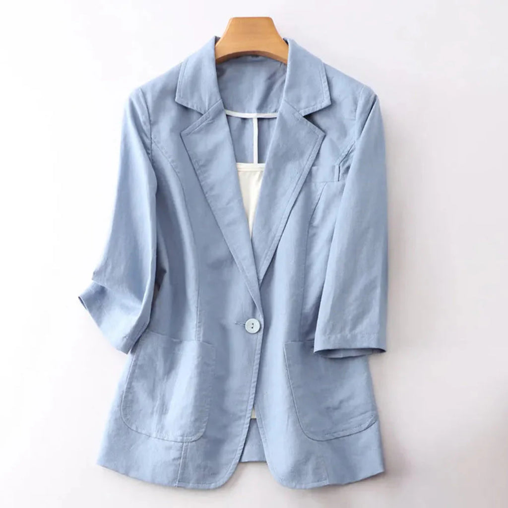 3/4 Sleeve Linen Blazer for Women Blue