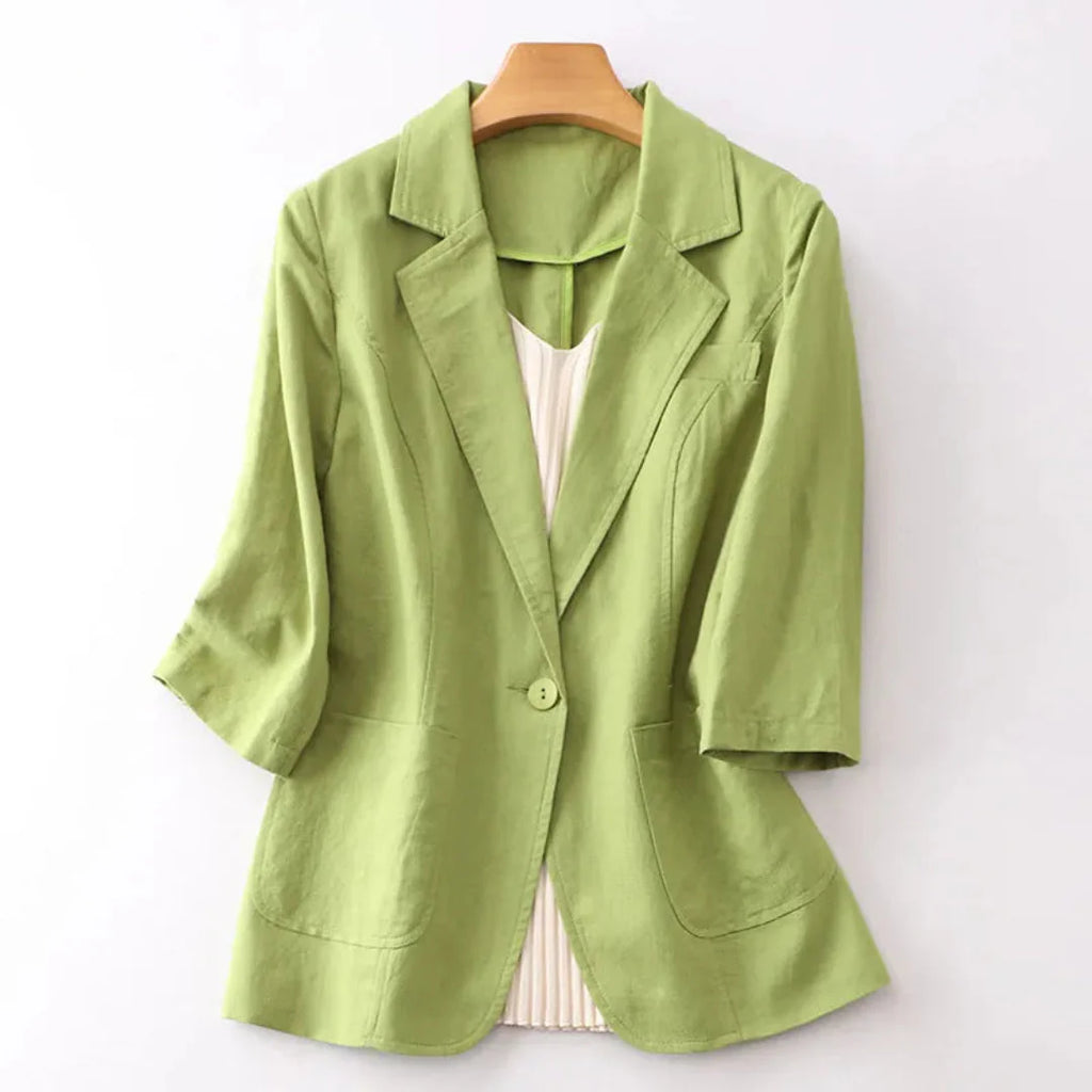 3/4 Sleeve Linen Blazer for Women Green