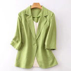 3/4 Sleeve Linen Blazer for Women Green