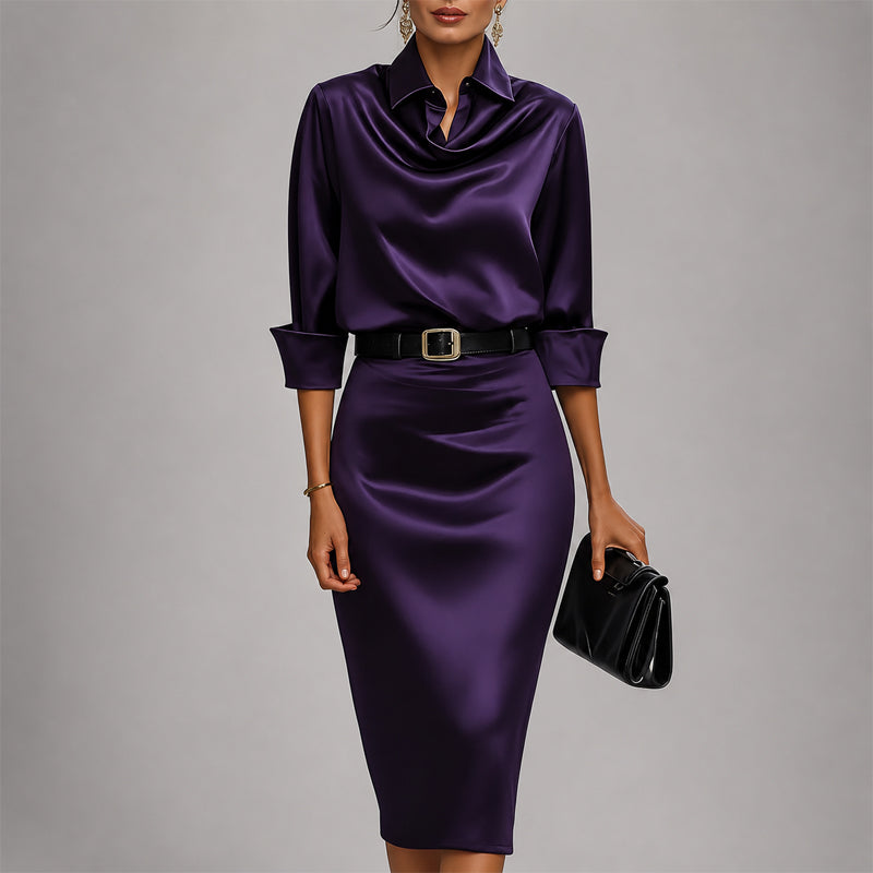 Victoria | Robe midi en satin pour femme avec col bénitier drapé