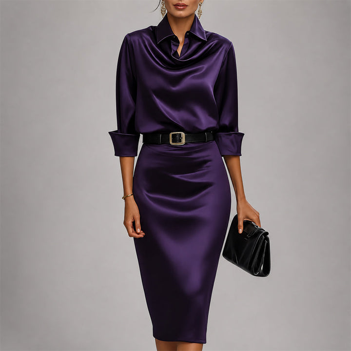 Victoria | Robe midi en satin pour femme avec col bénitier drapé