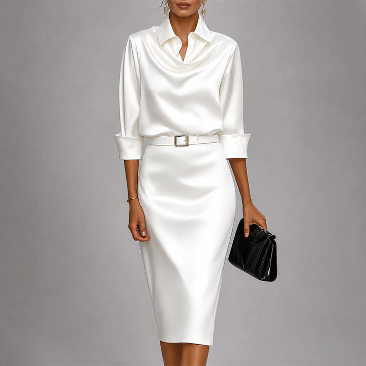 Victoria | Robe midi en satin pour femme avec col bénitier drapé