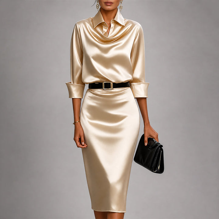 Victoria | Robe midi en satin pour femme avec col bénitier drapé