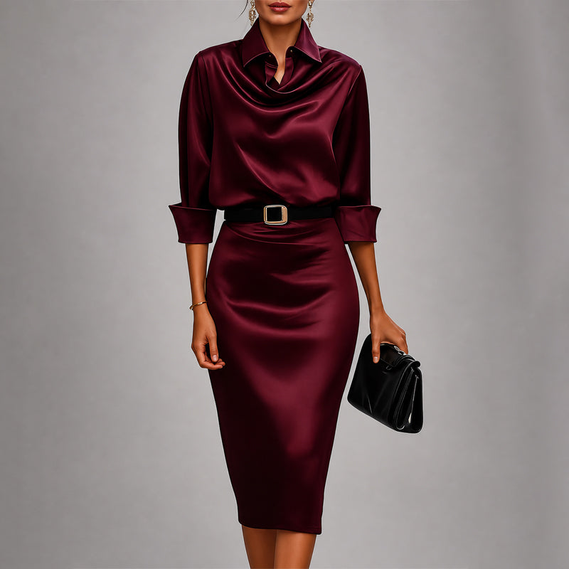 Victoria | Robe midi en satin pour femme avec col bénitier drapé