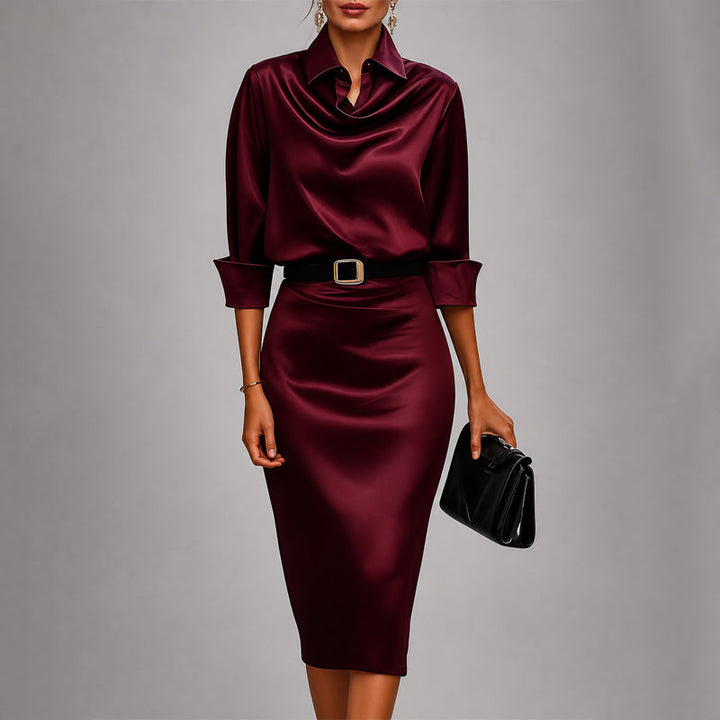 Victoria | Robe midi en satin pour femme avec col bénitier drapé