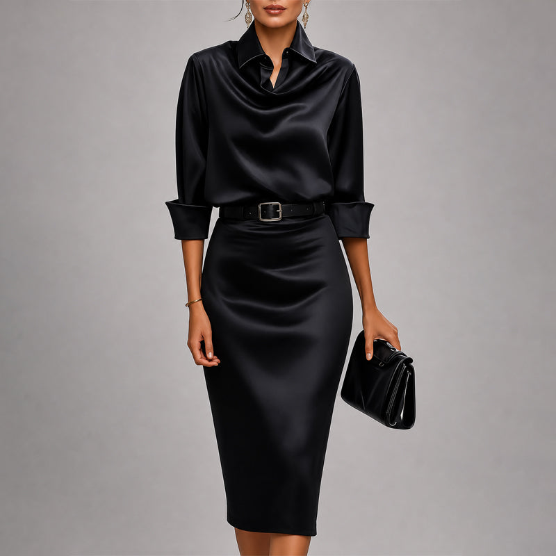 Victoria | Robe midi en satin pour femme avec col bénitier drapé