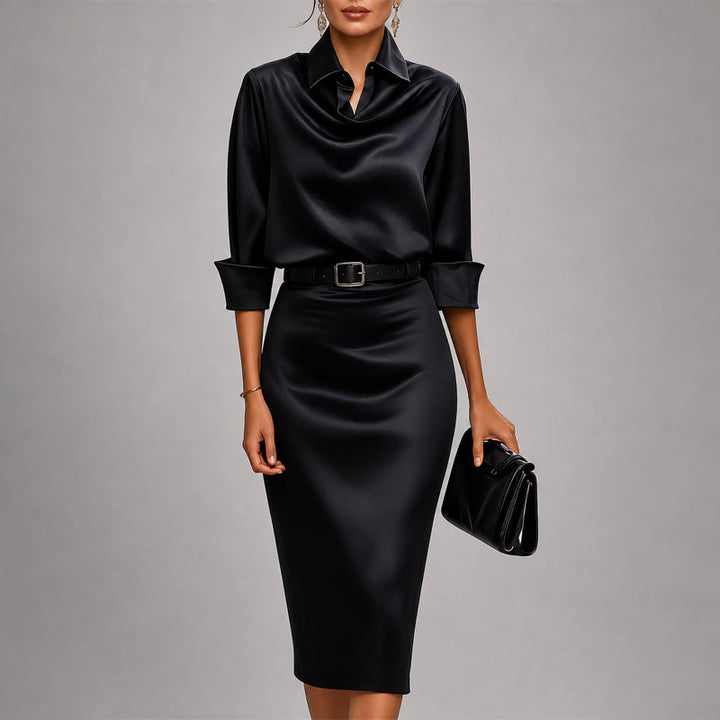 Victoria | Robe midi en satin pour femme avec col bénitier drapé