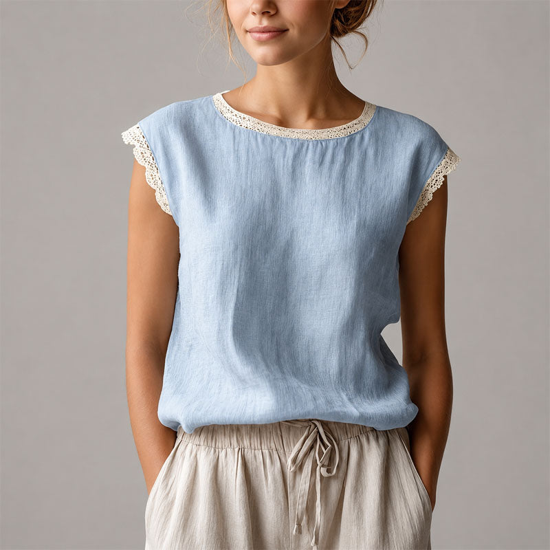 Victoria | Women's Lace-Trim Cap Sleeve Linen Blouse