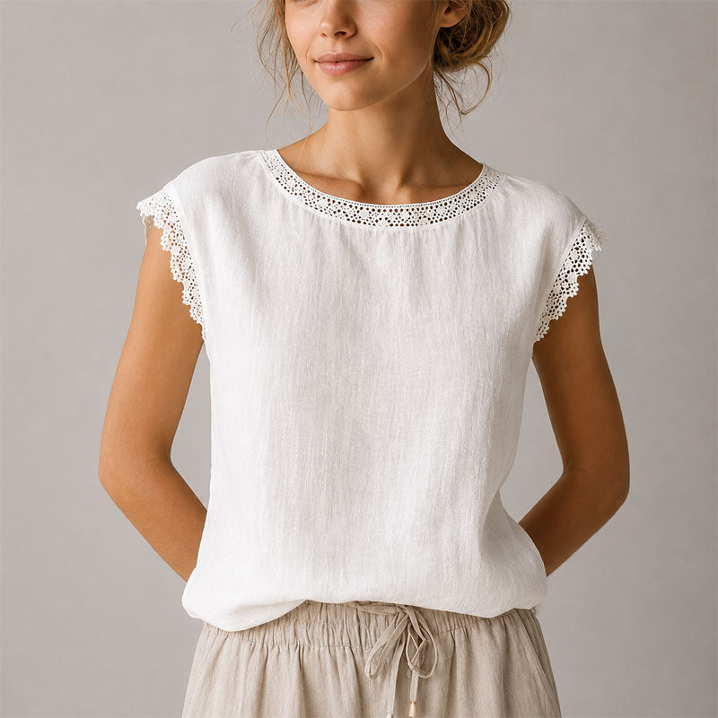 Victoria | Women's Lace-Trim Cap Sleeve Linen Blouse