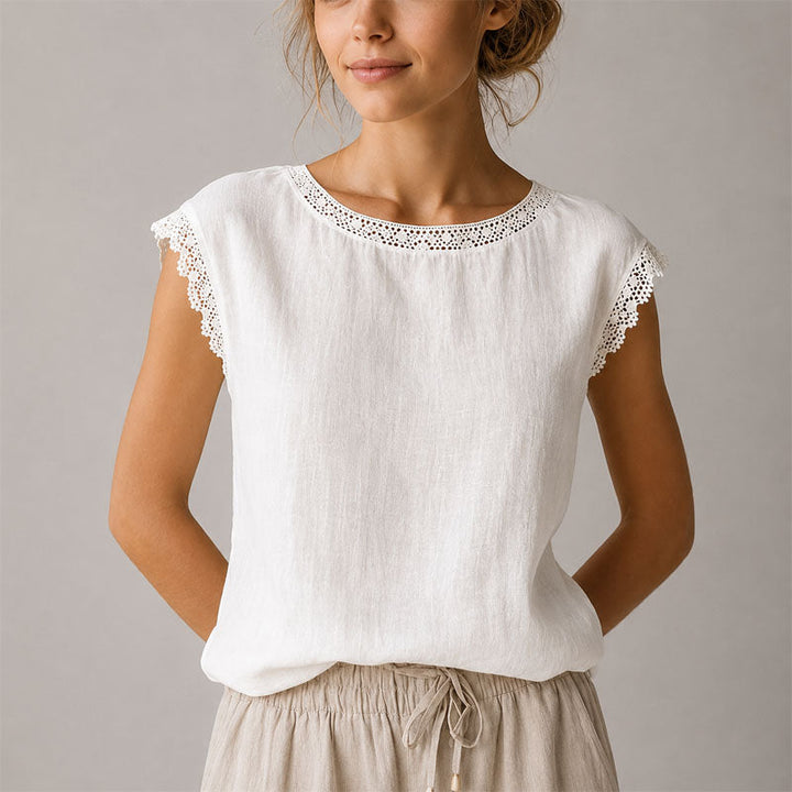 Victoria | Women's Lace-Trim Cap Sleeve Linen Blouse