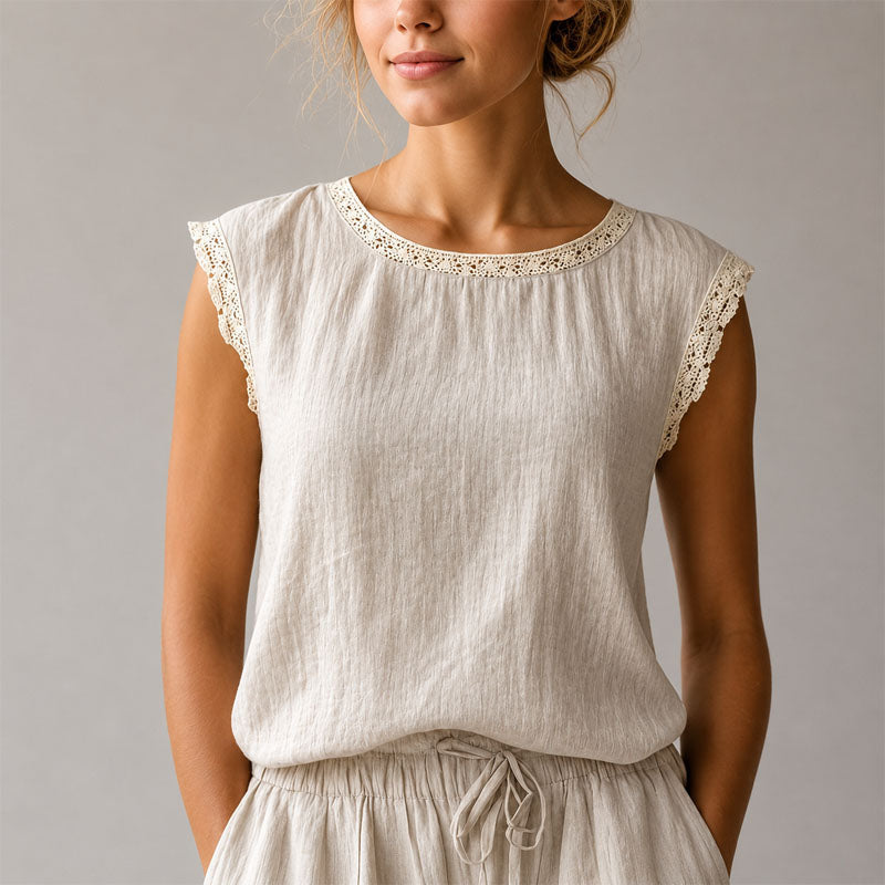 Victoria | Women's Lace-Trim Cap Sleeve Linen Blouse