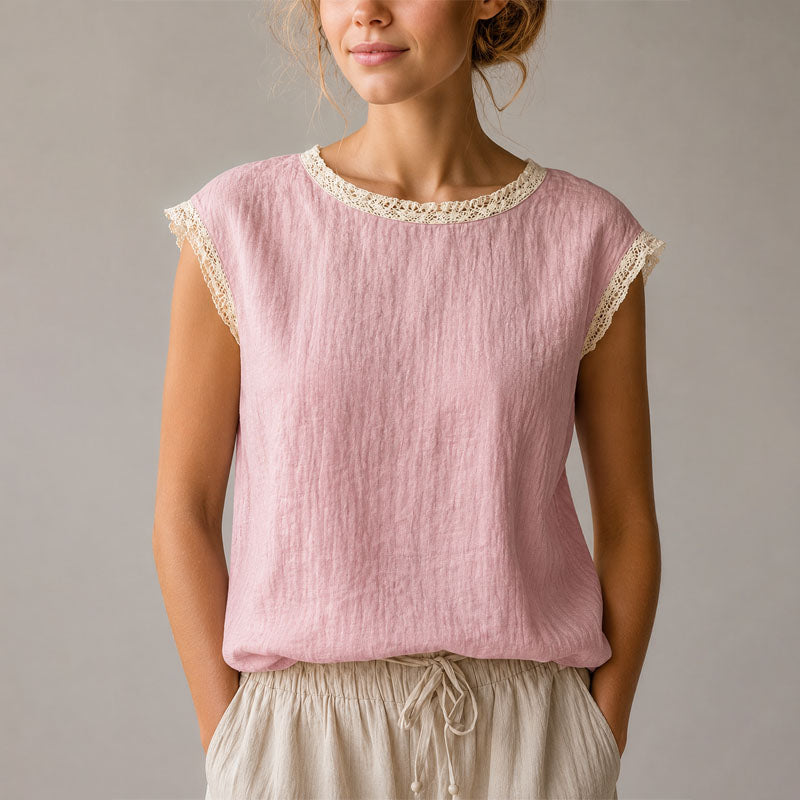 Victoria | Women's Lace-Trim Cap Sleeve Linen Blouse