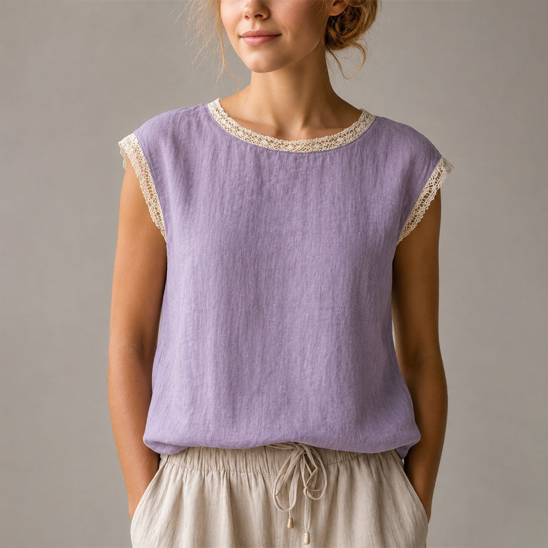 Victoria | Women's Lace-Trim Cap Sleeve Linen Blouse