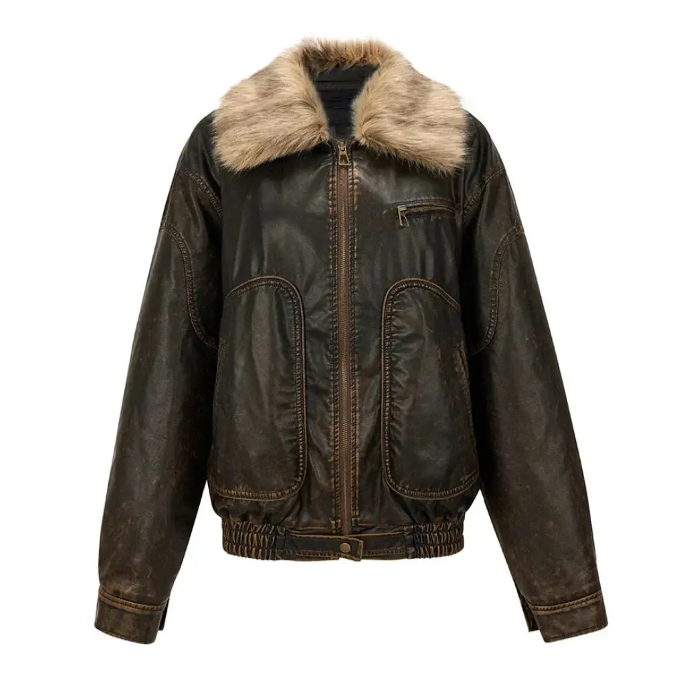 Vintage Faux Fur Leather Jacket Brown