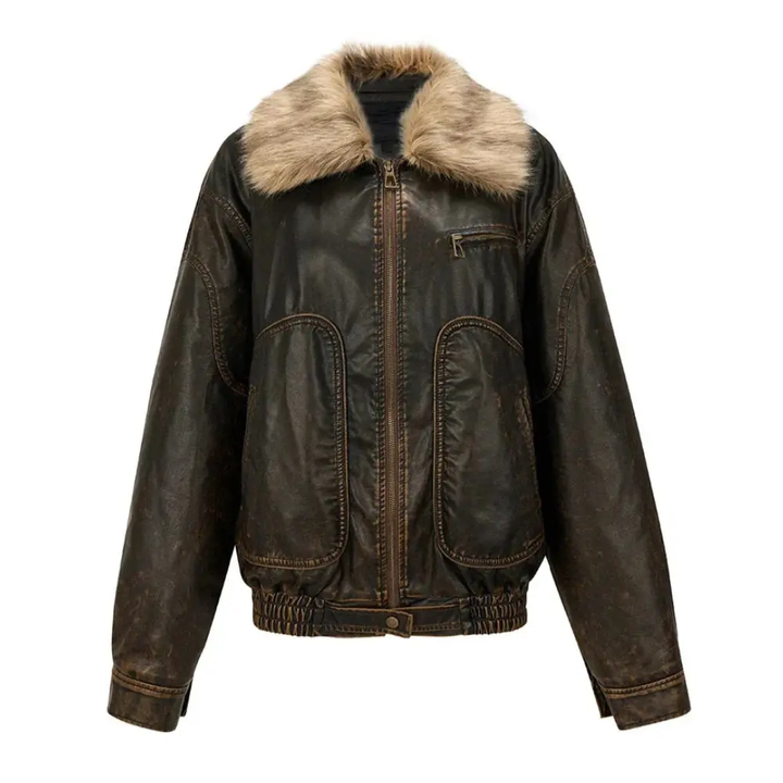 Vintage Faux Fur Leather Jacket Brown