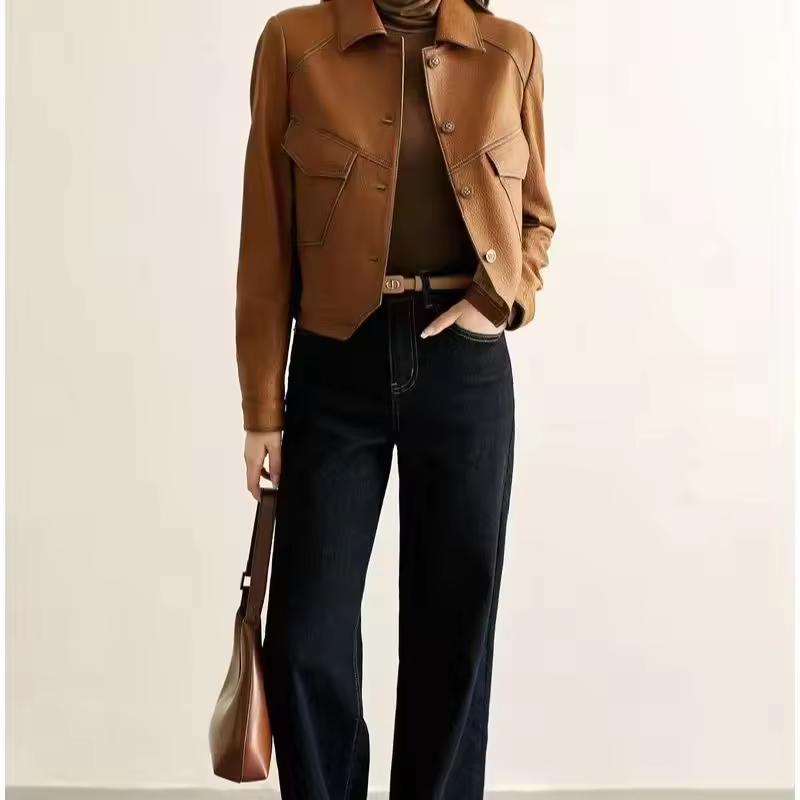 Vintage Leather Jacket For Women Genuine Cowhide Fashion