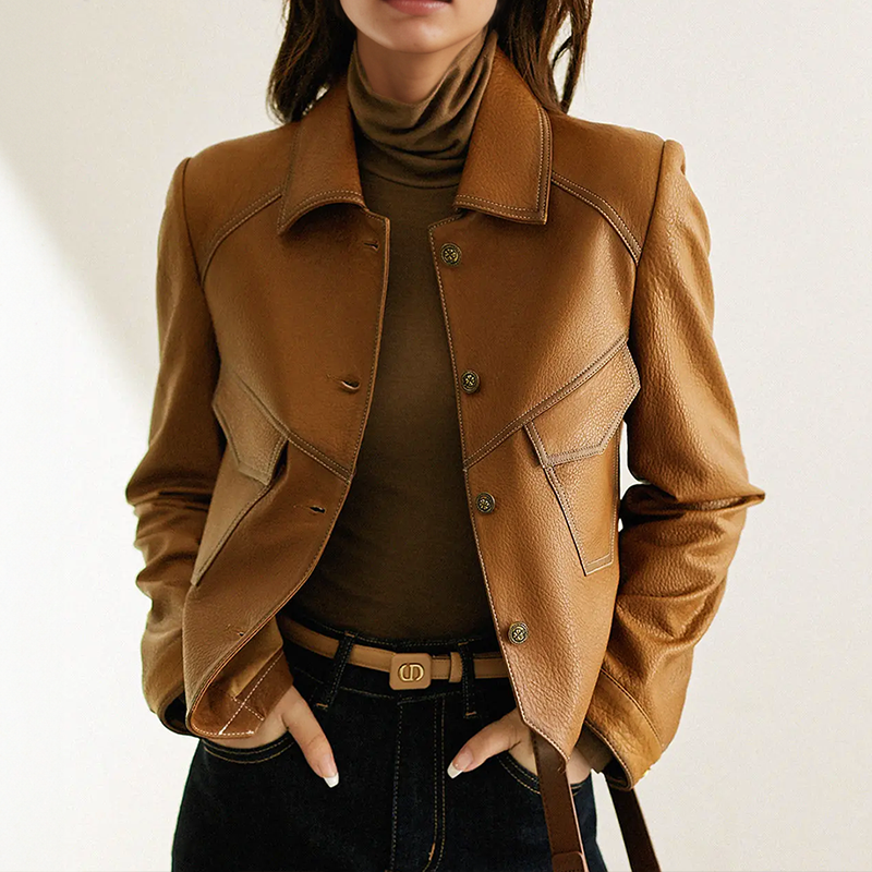 Vintage Leather Jacket For Women Genuine Cowhide Fashion Brown