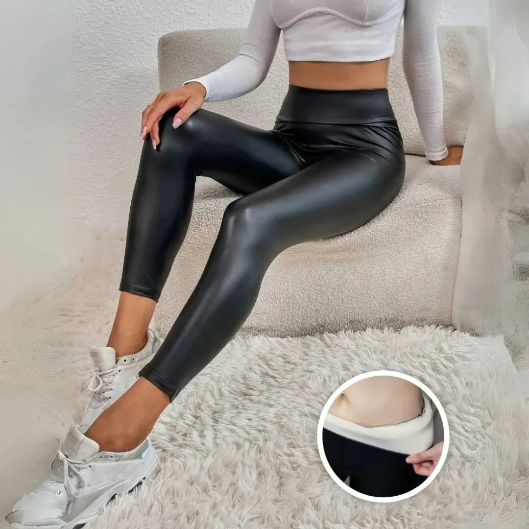 Fleece-Lined Leather Leggings in Violet Black